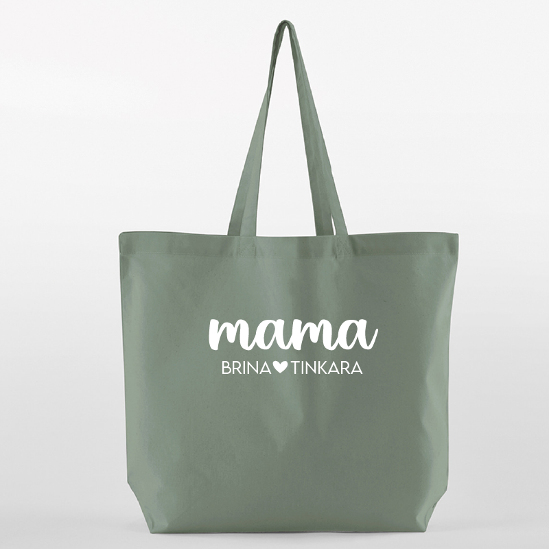 Maxi bombažna torba MAMA z imeni - dusty green